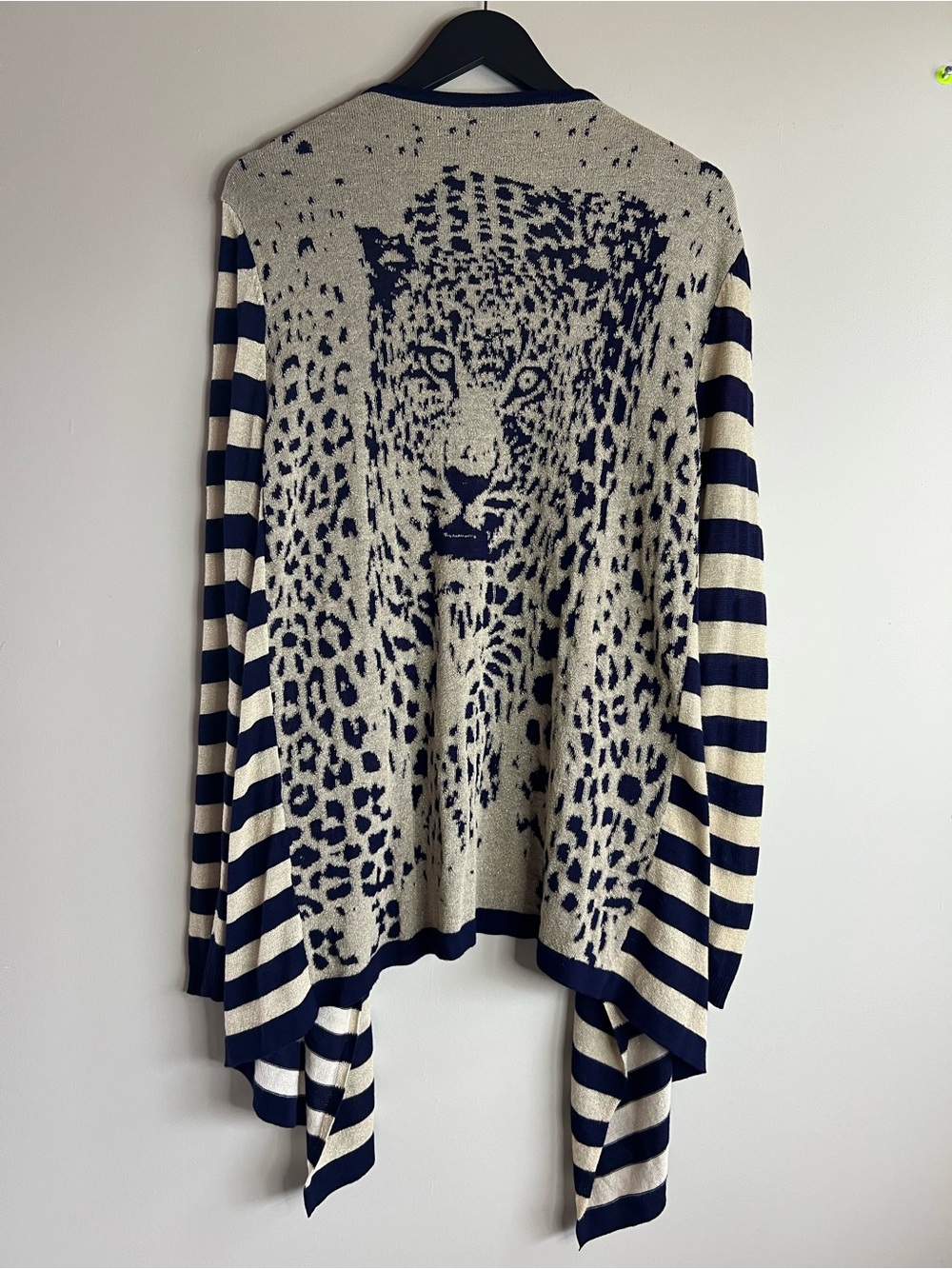 5/$20 Y2K Statement Leopard Graphic Cardigan Navy & Cream With Shimmer Stripe